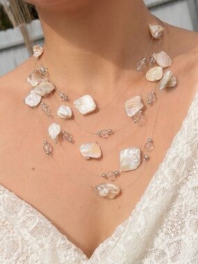Layered Pearl Shell Necklace | Multi Strand Statement Necklace